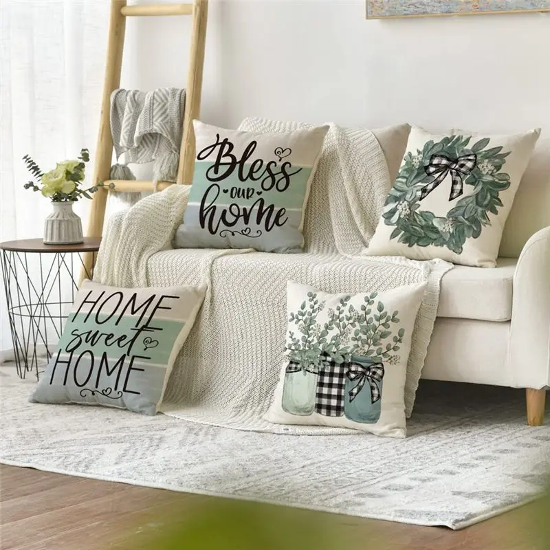 SEWS-4PCS Spring Decorations Eucalyptus Farmhouse Throw Pillow Cushion Case 18 X 18 For Couch