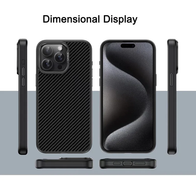 For iPhone 15 Pro Max Case Good Quality Kevlar Carbon Fiber Pattern Hard PC Metal Camera Protection Phone Cover