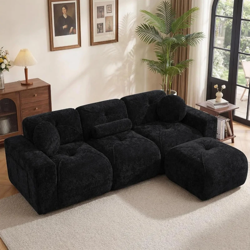 

112" Modular Sectional Cloud Couch, L Shaped Sofa Boneless Couches with Movable Ottoman, 3 Deep Seat Modern Comfy