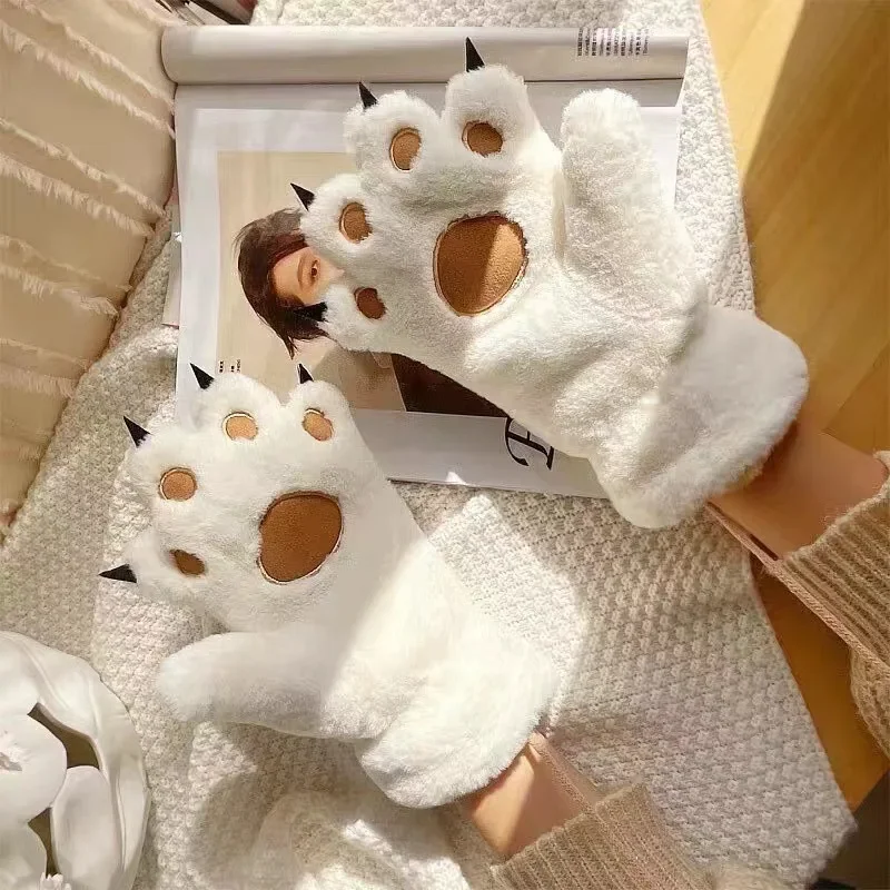 Guantes peludos de simulación de oso de dibujos animados para mujer, manoplas peludas, disfraces de patas de peluche, invierno cálido