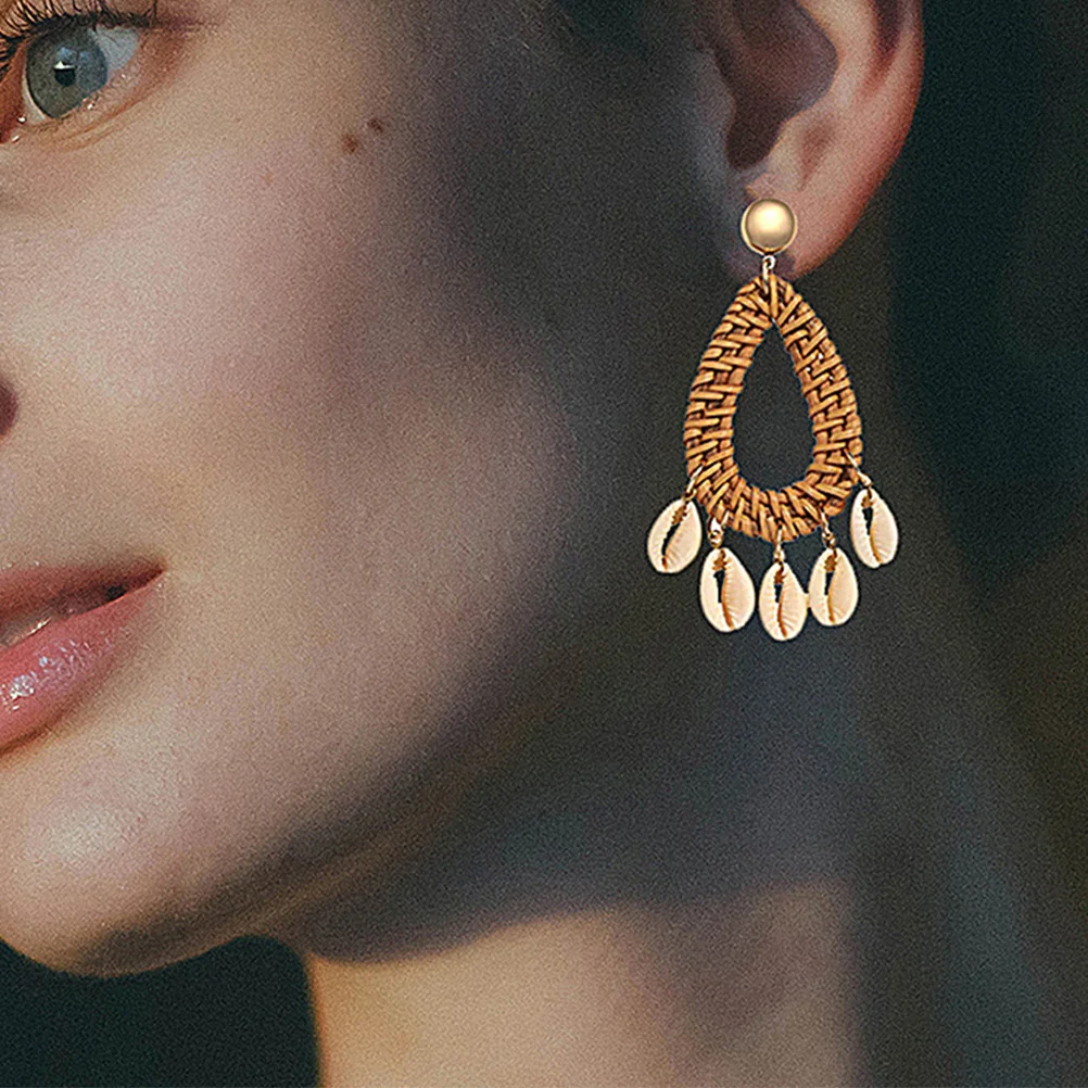 

2Pairs Boho Vintage Handmade Woven Shell Teardrop Earrings Hollow Lightweight Summer Statement Dangle Earrings Women