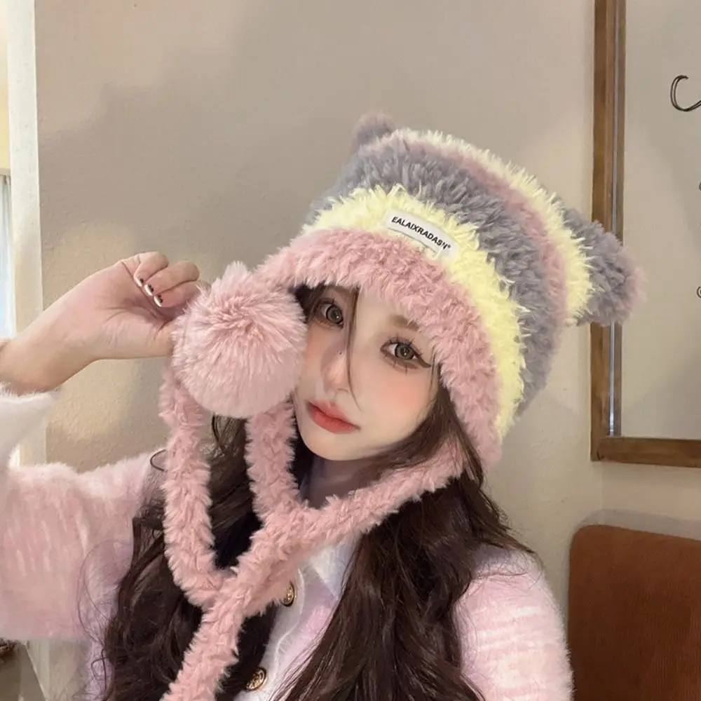 Cute Cat Ear Women Knitted Hat Thick Warm Contrast Stripe Winter Beanies Cap Windproof Ear Protection Pullover Hat