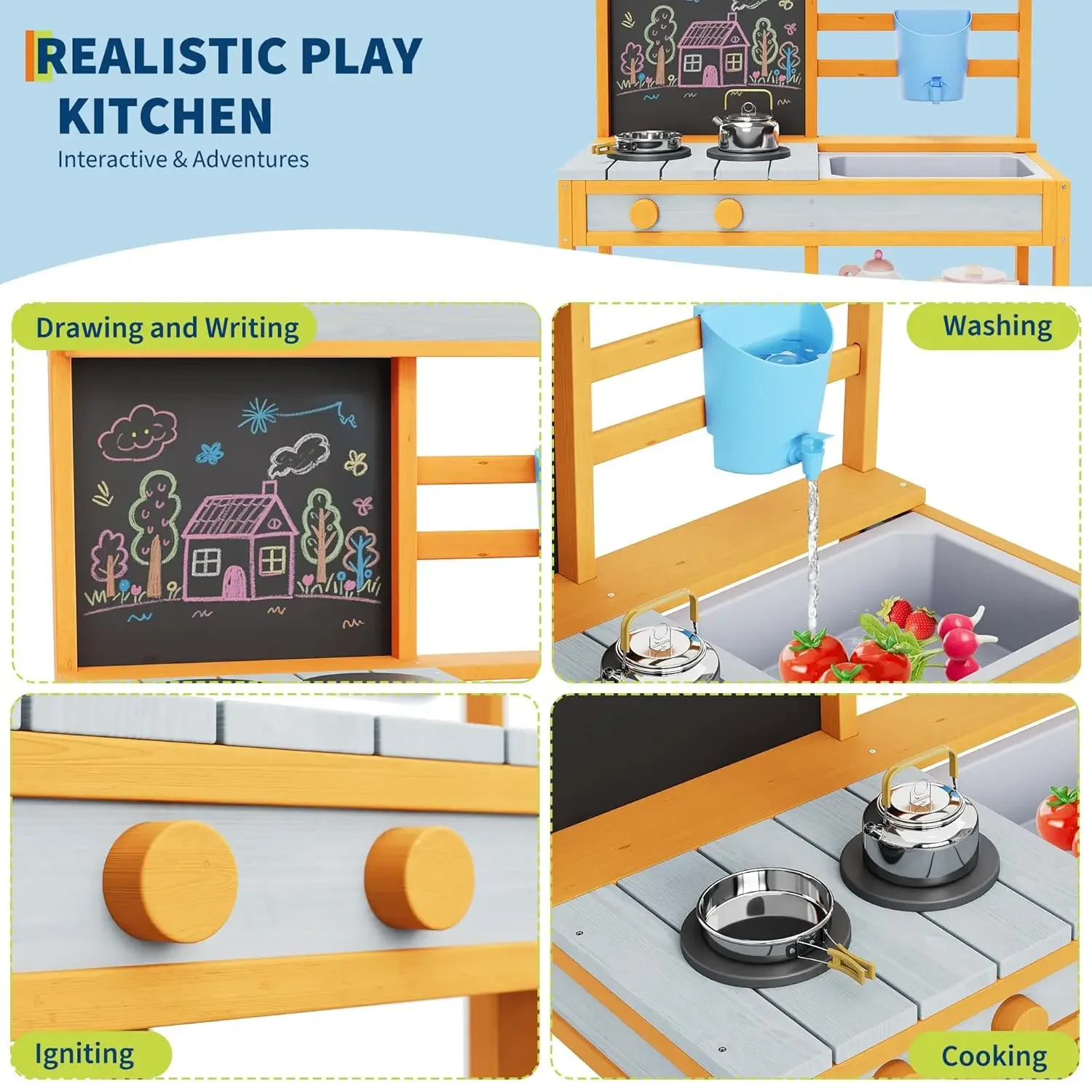 

All-in-One Backyard Play Kitchen Pretend Stove Chalkboard & Storage Shelves For Imaginative Toddlers – Encourage Outdoor Play