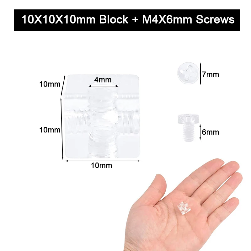 200PCS Clear Acrylic Cubes Blocks 6-Sides M4 Thread Fixed Corner Braces Display Cabinet Shelves Right Angle Joint Brackets+Screw