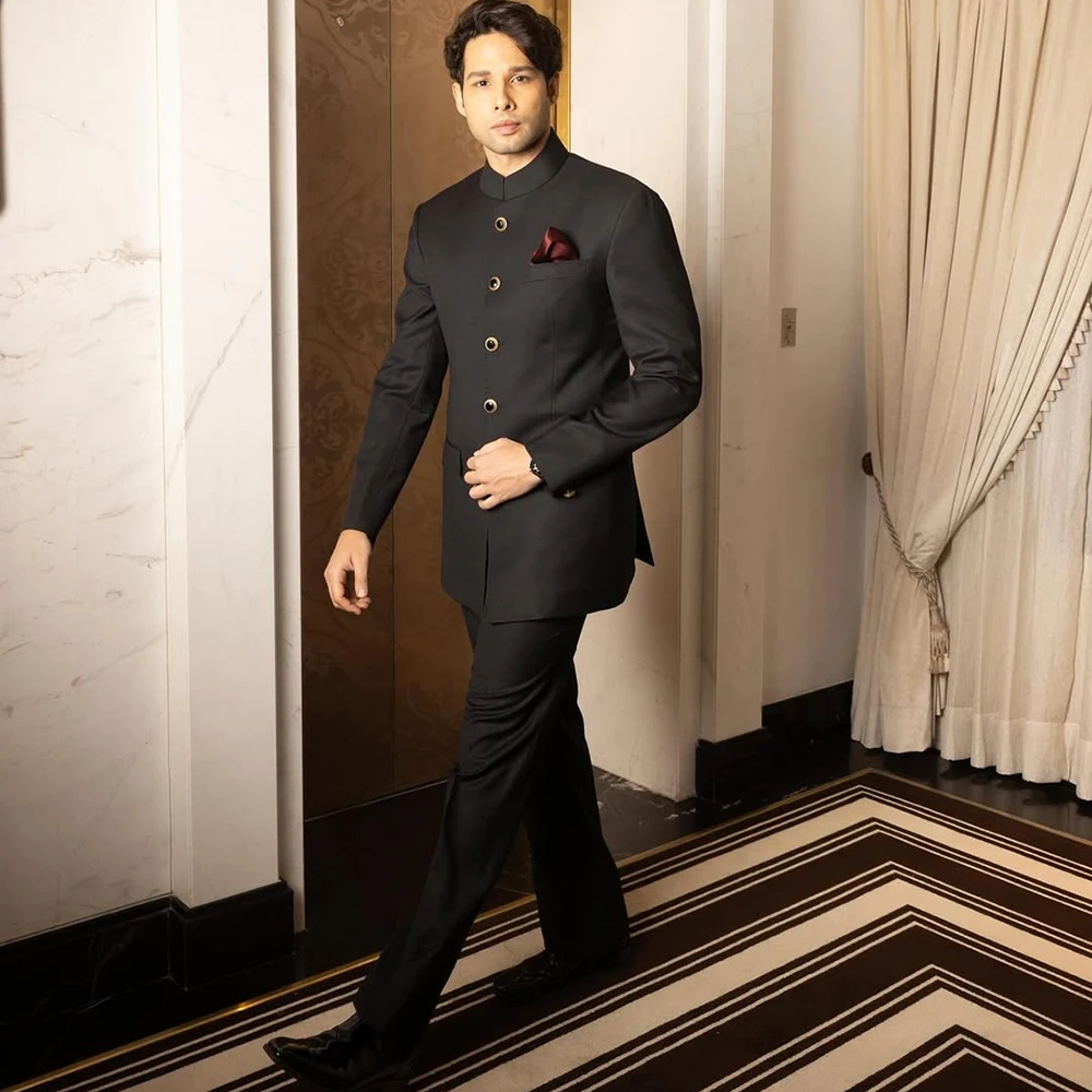 

Customized Black Men's Suits For Business Fashion Single Breasted Stand Lapel Slim Fit 2 Pcs Jacket Pants Outfits Elegant Terno