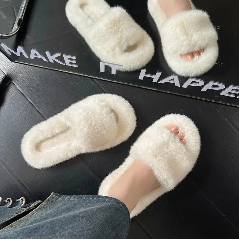 

Fashion One Word Thick Fur Slippers Double Fur Slippers Casual Home Cotton Shoes for Women Flat Plush Cross Straps Slippers