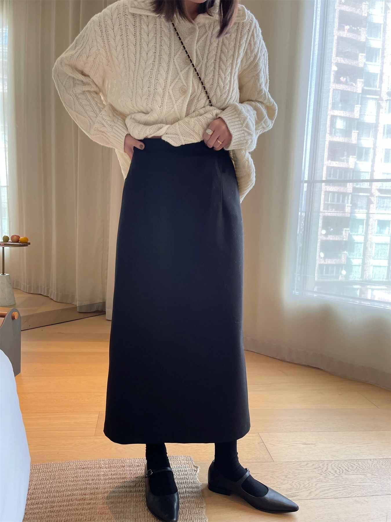 

Fall Winter Thiened Straight Cut Workwear Skirt Ele Commute Japanese Sle f-length Skirt Versatile Slimming Design