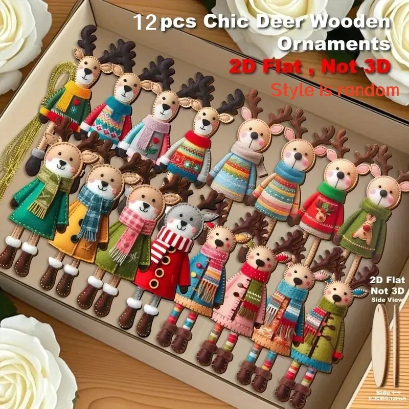 12-piece set with random styles, new 12-piece colorful Christmas reindeer wooden ornaments, Christmas tree decorations, Christmas tree hanging decorations, holiday decorations
