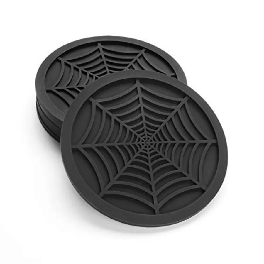 Silicone Coasters For Drinks - 6 Pack Unique Design Spider Drink Coasters, 4" Black Coaster Set by