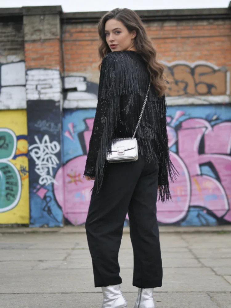 

Women Sequin Tassel Jackets Black Long Sleeve O-neck Single Breasted Female Coats 2026 Spring Fashion Street Lady New Outerwear