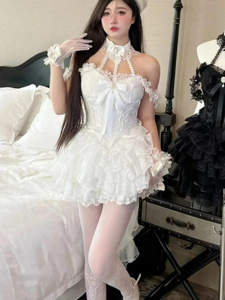 

Japanese Victorian Sweet Lolita Dress Women Harajuku Y2k Bow Lace Halter Neck Evening Party Mini Dresses Kawaii Black Red Deess