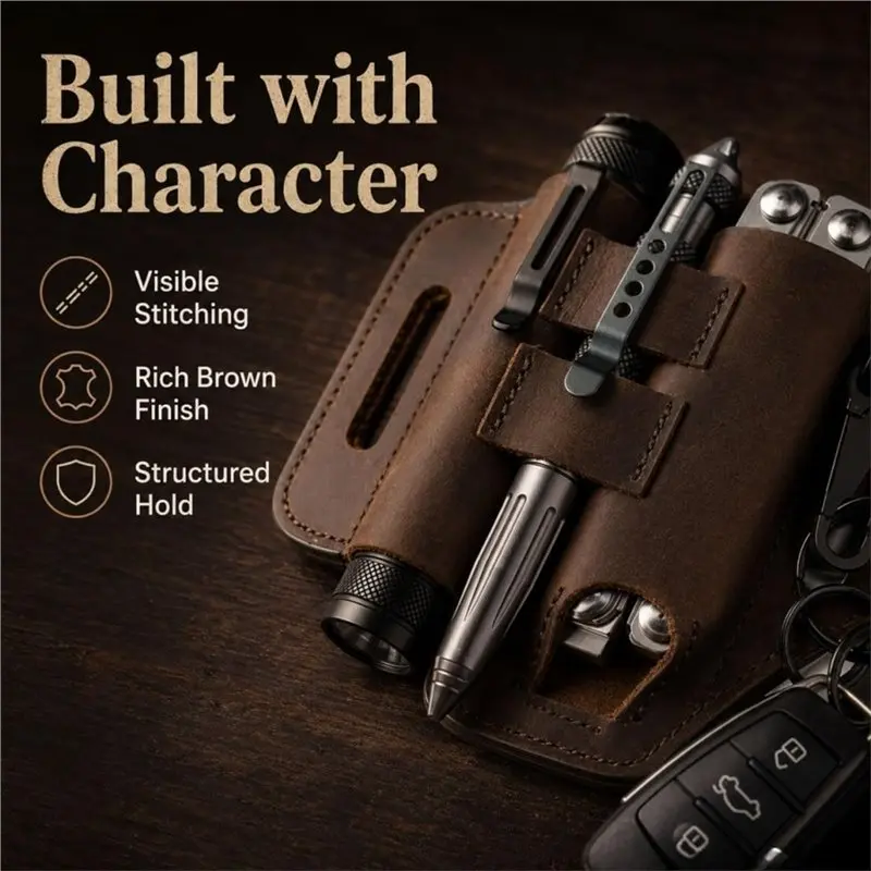 Dropship-For Belt Multitool Sheath-Pouch& Leather Case With Flashlight Holder, Pen Loop& Keychain Clip For Men view 2
