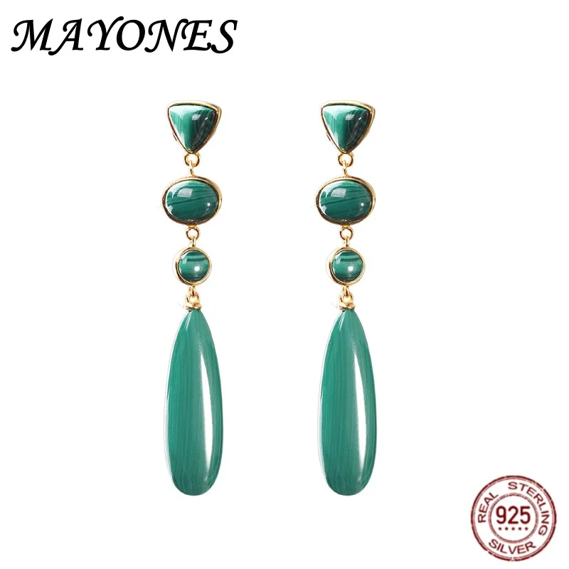 

S925 Pure Silver Gold-plated Earrings With Natural Peacock Stone Droplet Shape For Women's French High-end Jewelry