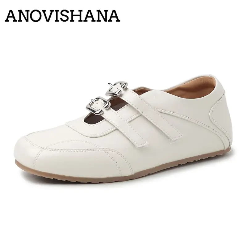 ANOVISHANA Beige Cow Leather Women Flats Square Toe Slip On Belt Buckles Soft Comfortable Leisure Daily Female Shoes Footwear