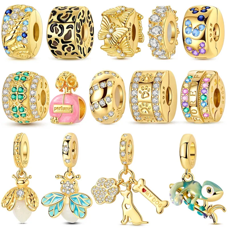 

925 Sterling Silver Clover Charms Beads Golden Pets Dog Chameleon Firefly Pendant Fit Women Original Bracelet DIY Christmas Gift