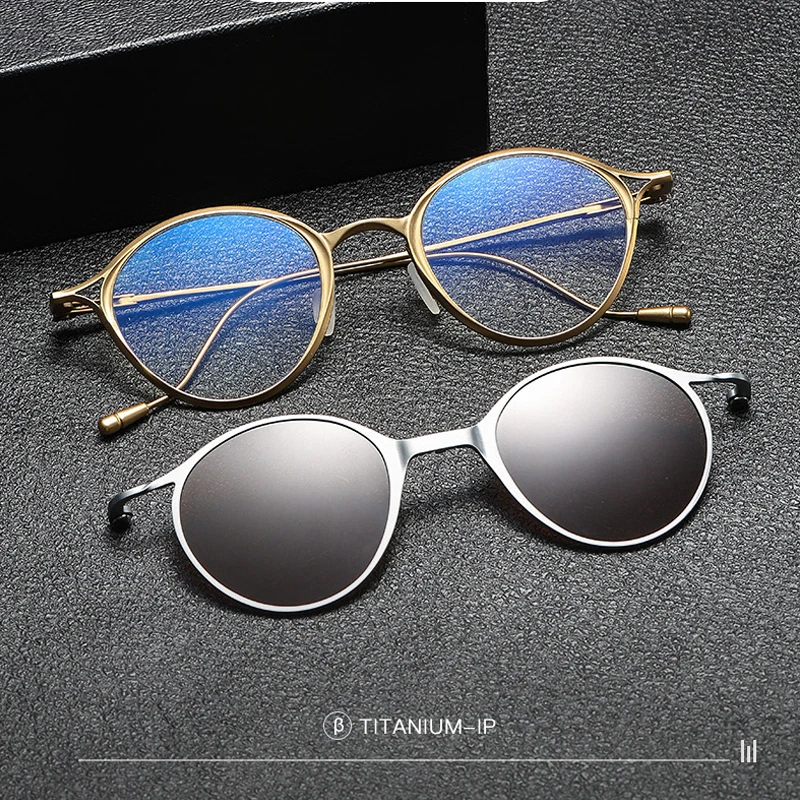 2 In 1 Pure Titanium Foldable Magnetic Clip Vintage Round Eyeglasses Frame Men Polarized Sunglasses Luxury Brand Design Eyewear