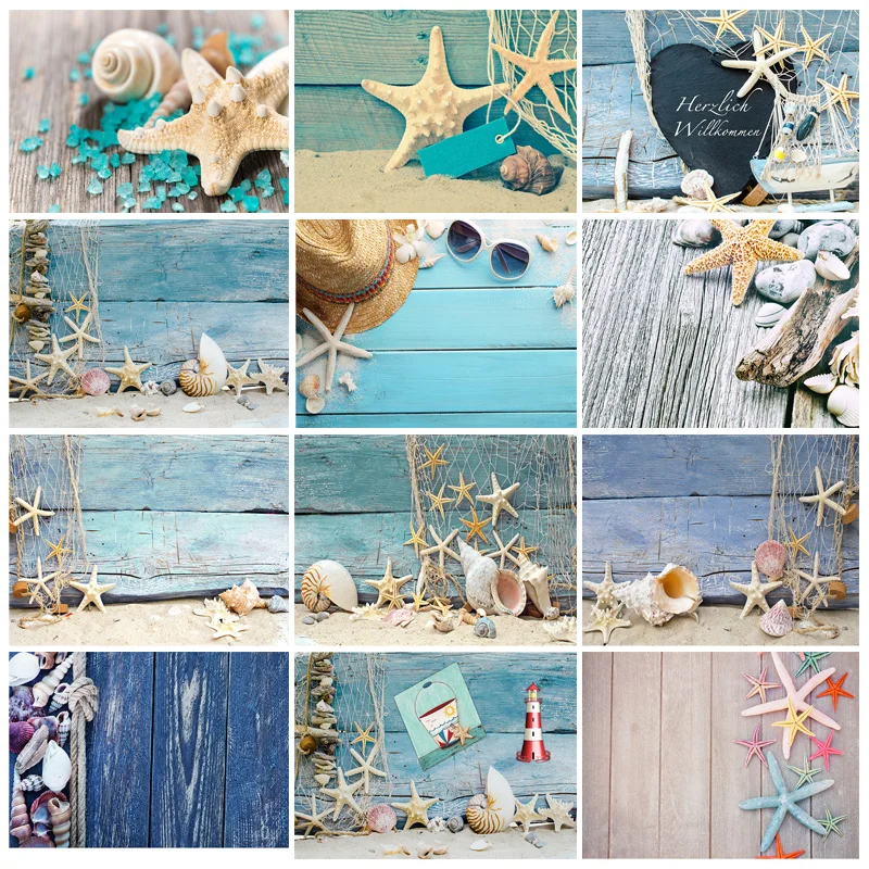 

SHUOZHIKE Wooden Board Starfish Shell Conch Photography Background Thin Cloth Baby Shower Photo Backdrop Studio Props CAR-03