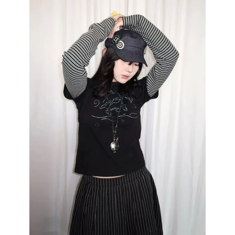 الأمريكية الرجعية مخطط المرقعة التي شيرت الشرير ثقافة فرعية وهمية اثنين تي شيرت Harajuku الجرافيك المطبوعة تيز المرأة القوطية شيك القمم #2