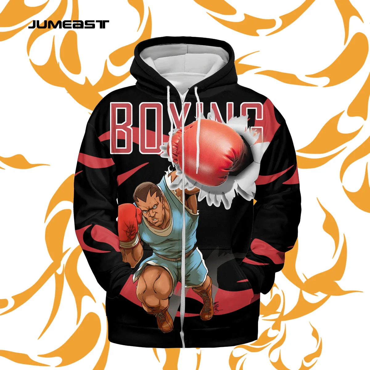 Jumeast Boxing Gloves Zip Up Hoodies Anime Tekken Flame Printed Hoodie Gym Sweatshirt Overfit Zipper Sweat Cosplay Fisting Hoody