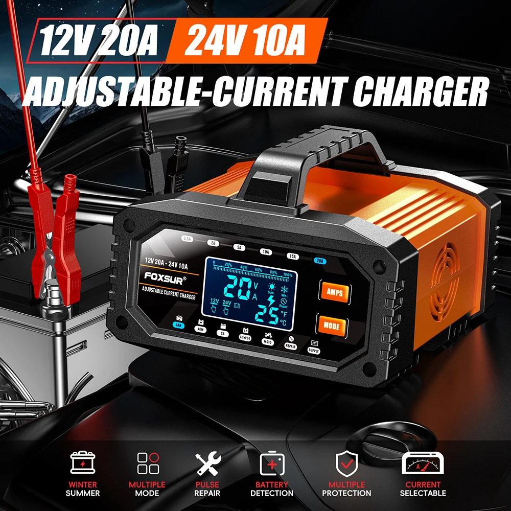 FOXSUR 0.5A-20A Portable ATV Motorcycle Car Battery Charger 12V24V Lithium AGM GEL Lead-Acid LiFePO4 Smart Battery Chargers