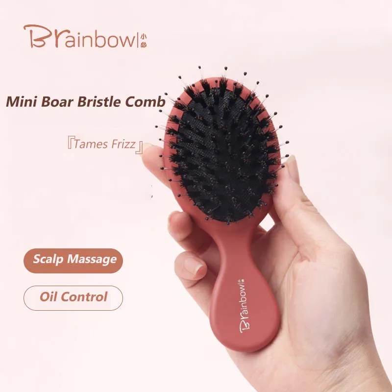 Brainbow Mini Natural Boar Bristles Hair Brush for Combing and Shaping Styling Beard Reduce Pulling Oval HairdressingTools