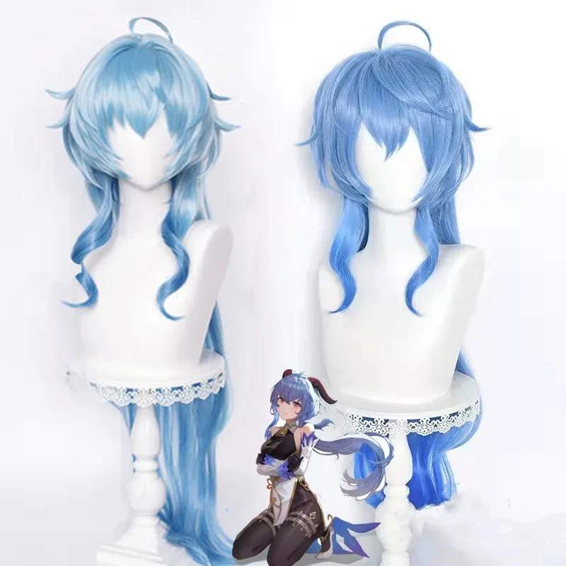 CyGenshin Impact Ganyu 코스프레 가발 뿔 그라데이션 라이트 다크 블루 가발 Gan yu 코스프레 + 가발 모자
