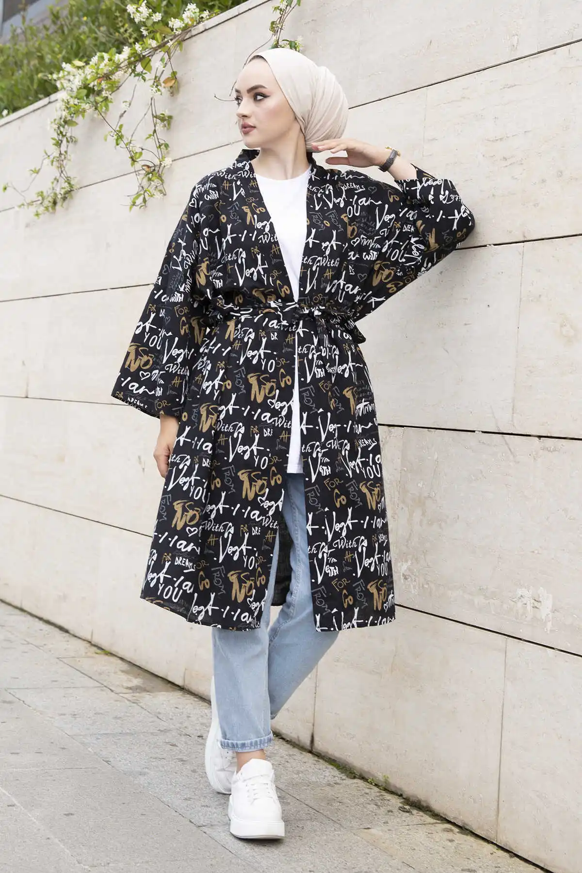 Lettering Printed Kimono MD-Black Winter Autumn 2021 Muslim Women Hijab headscarf islamic Turkey