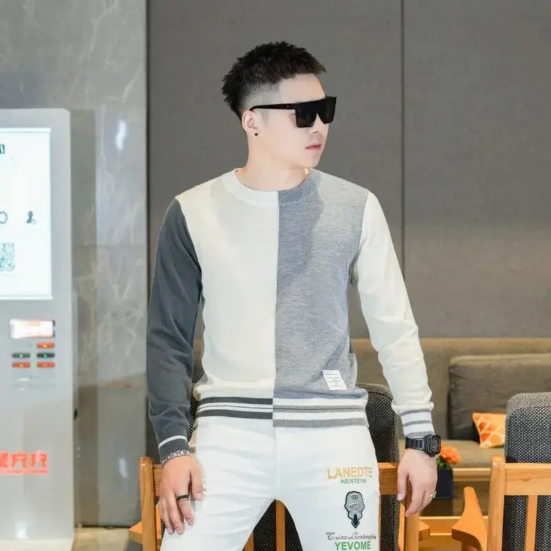 

Мужской повседневный вязаный свитер с круглым вырезом, модный осенне-зимний новый стиль, из искусственной кожи, приталенный крой