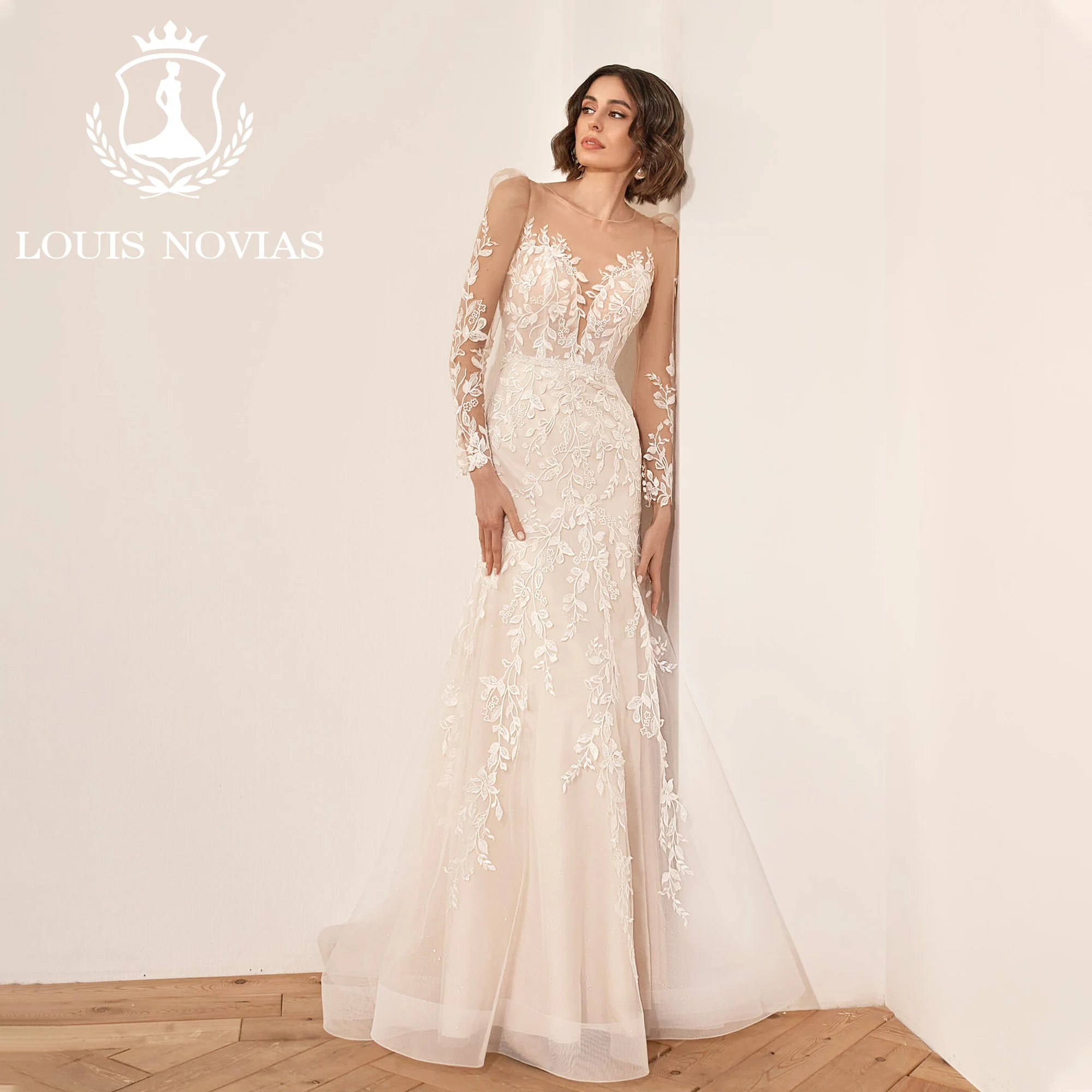 LOUIS NOVIAS Mermaid Wedding Dresses For Women Sexy Long Sleeve Sweetheart Semi-Transparent Button Wedding Gown Vestido De Novia