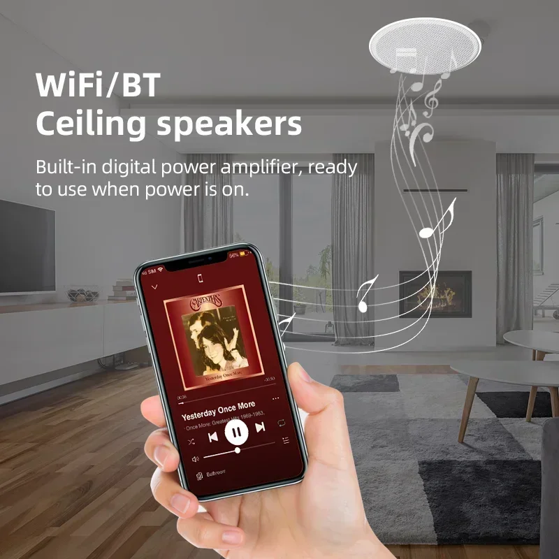 2026Wireless Ceiling Speaker Multi-room Playback Audio System WiFi2.4G&5G  BT USB LAN Home In-wall Smart Speakers