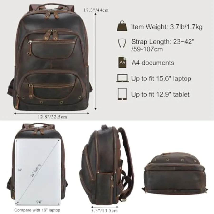 حقيبة ظهر TIDING للرجال من الجلد المحبب بالكامل تناسب أجهزة الكمبيوتر المحمول مقاس 16 بوصة حقيبة نهارية كلاسيكية للأعمال غير رسمية سعة 19 لتر حقيبة ظهر للسفر طوال الليل #5