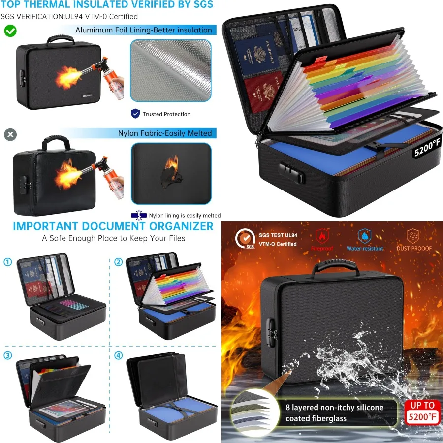 

ENGPOW Огнестойкая сумка-органайзер для файлов с 13 красочными карманами Папка-гармошка для файлов 5200 Коробка-органайзер для документов с этикетками с замком