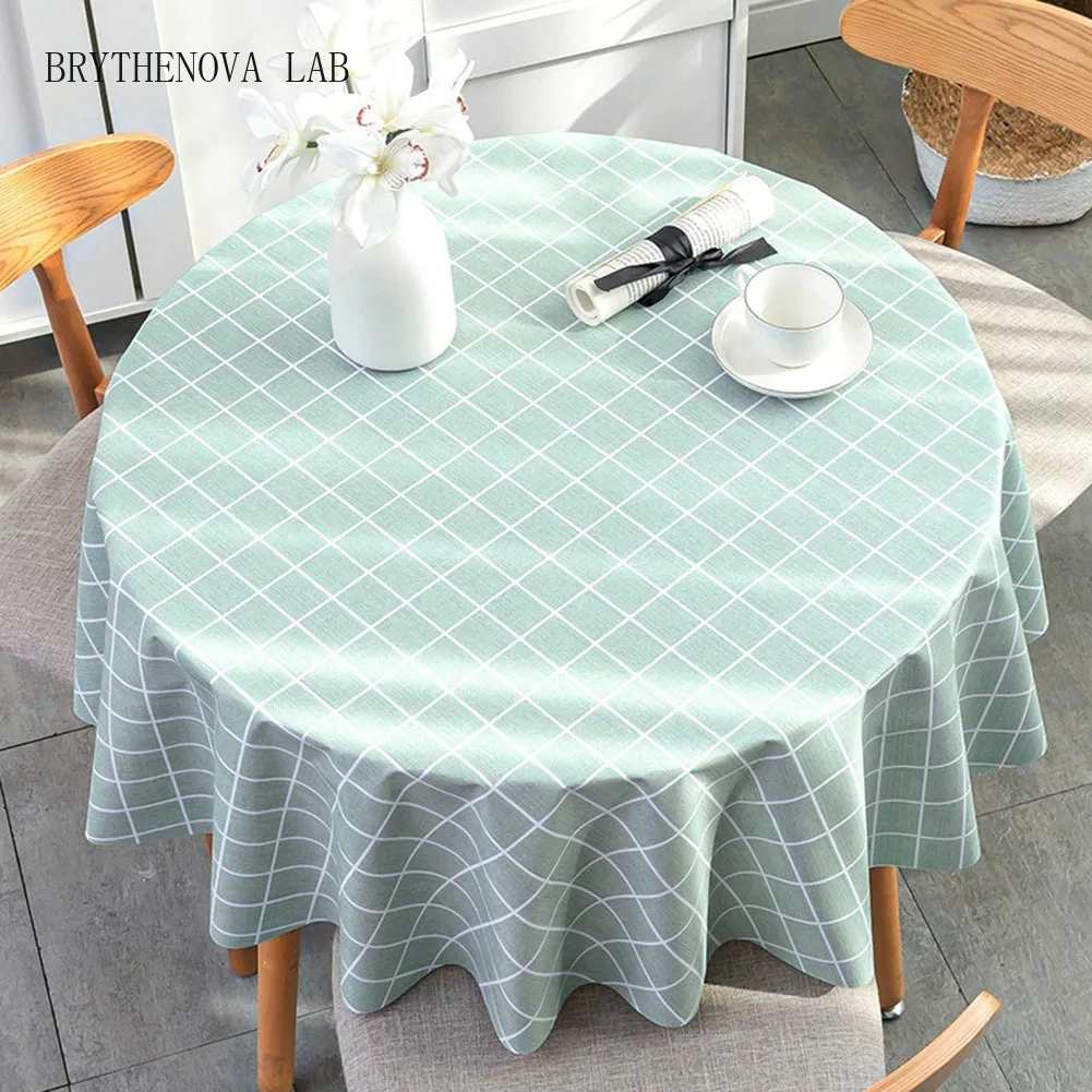 Round Table Cloth Waterproof Vinyl Tablecloths Oil-Proof Checkered Wipeable Covers Table for Kitchen and Dining Room 120cm