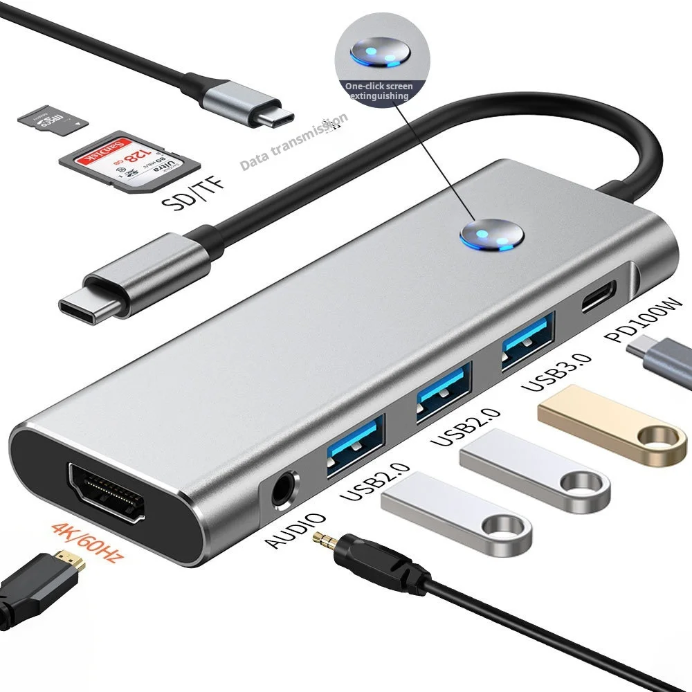 USB3.0 9 in 1 Hub USB C Hub Ports Multiport Hub Adapter 4K/60Hz HD Audio Port Dock PD 100W SD/TF With Screen Button