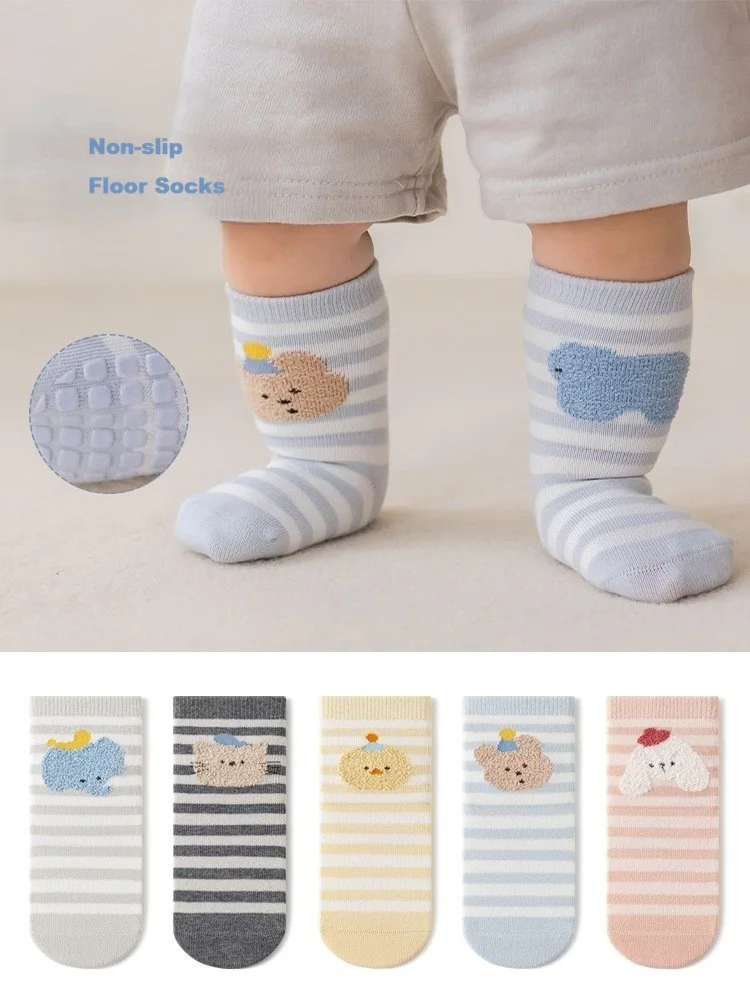 5 Pairs Kids Non-slip Socks Cotton Baby Socks Boys And Girls Cute Cartoon Patterned Comfy Breathable Infant Toddler Floor Socks