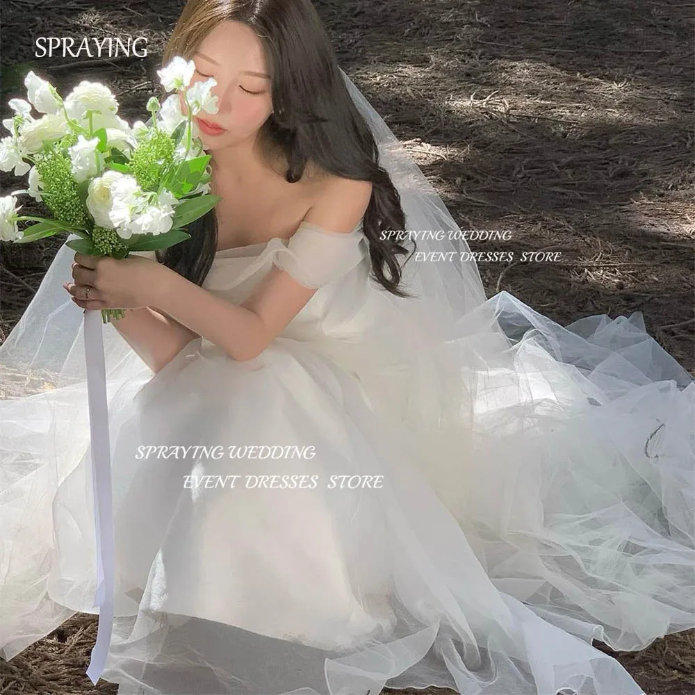 

SPRAYING Simple Off the Shoulder Organza Korea Photo Shoot 2024 Wedding Dresses Floor-Length Long Bridal Gown 웨딩드레스 Corset Back