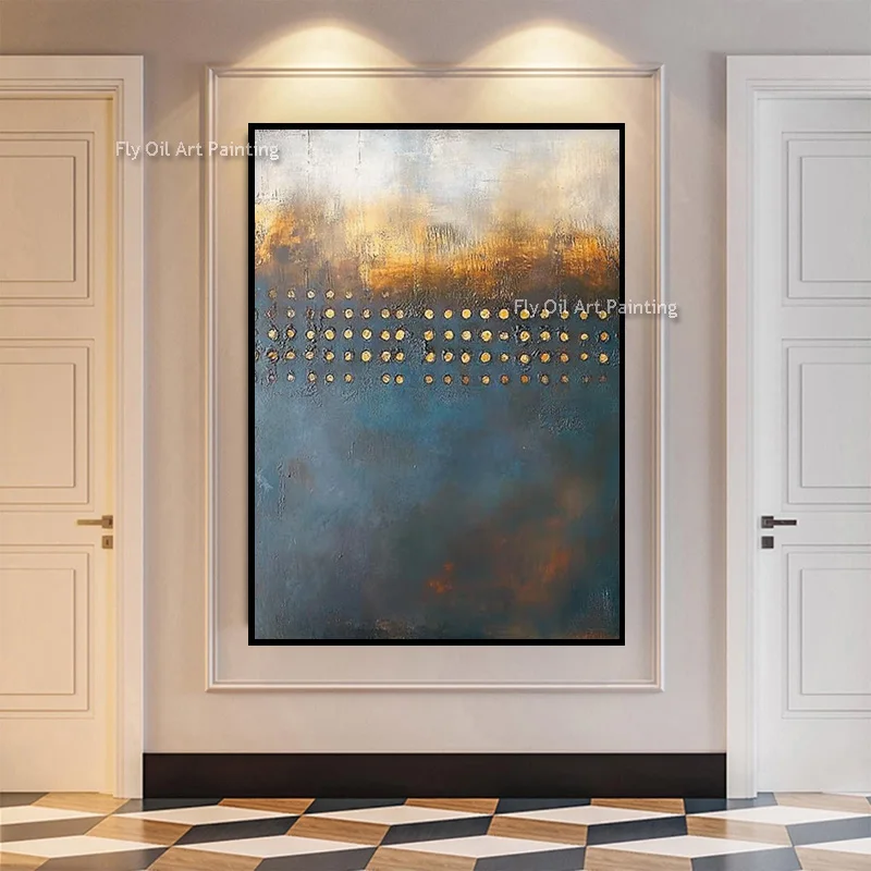 Metallic Gold Dot Textured Oil Painting Muted Teal Base Abstract Canvas Wall Art Handmade Original Artwork For Entryway Interior