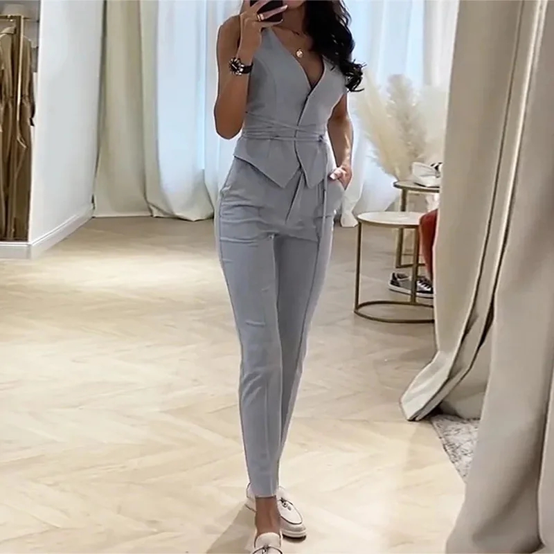 Two Piece Set For Women V-neck Slim Sleeveless Leace-up Tops Tight Long Pants Ladies Sets 2023 Spring Summer New Offce Commuting