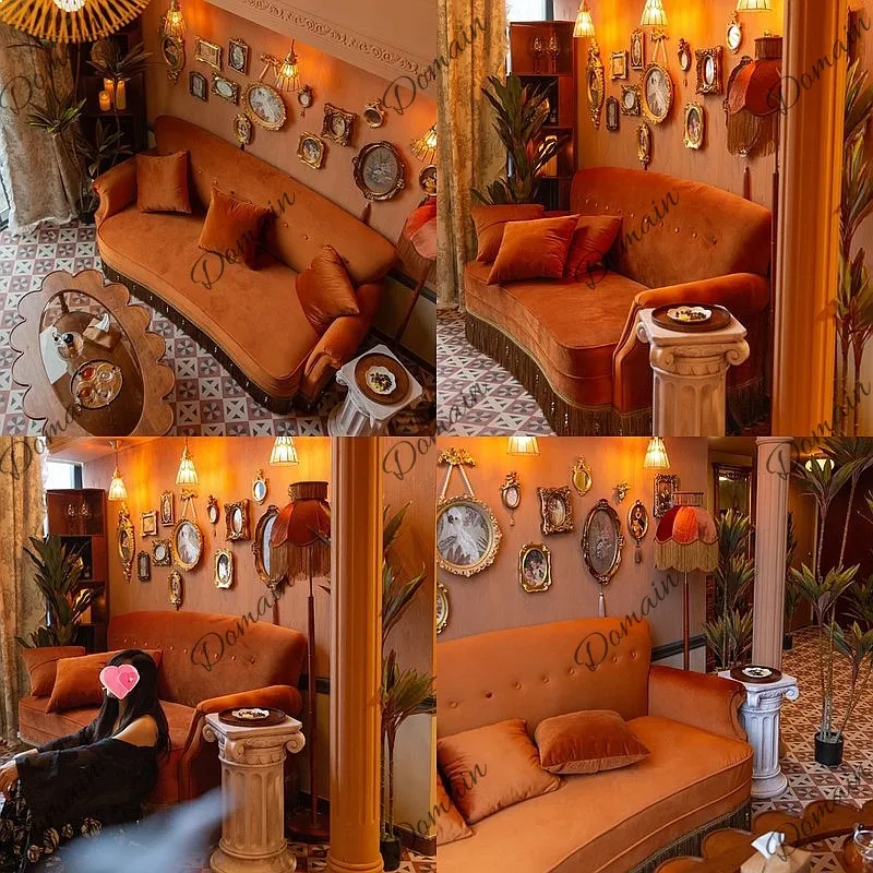Nanyang retro style orange orange velvet fabric sofa style three-person fringed photography photo straight row