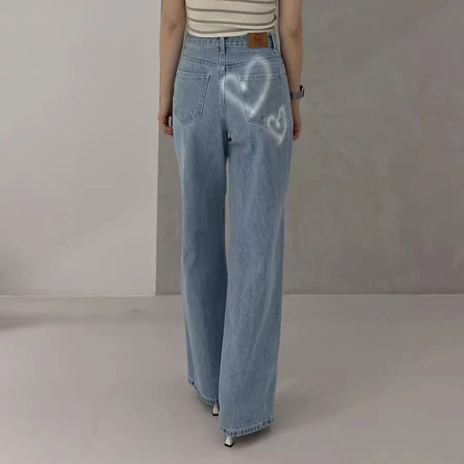 Vintage Blue High Waisted Wide Leg Jeans Women Printed Korean Fashion Streetwear Boyfriend Baggy Jeans Female Pocket Denim Pants