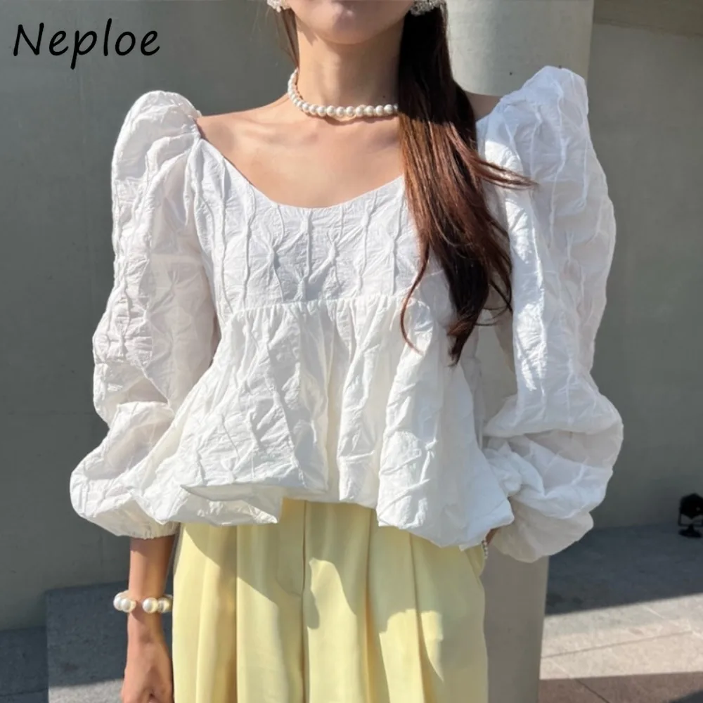 Neploe Sweet Puff Sleeve Slash Neck Cloak Ropa Mujer Pullover Spring Minority Elegant Blouses Ruched Ball Gown Baby Fresh Blusas