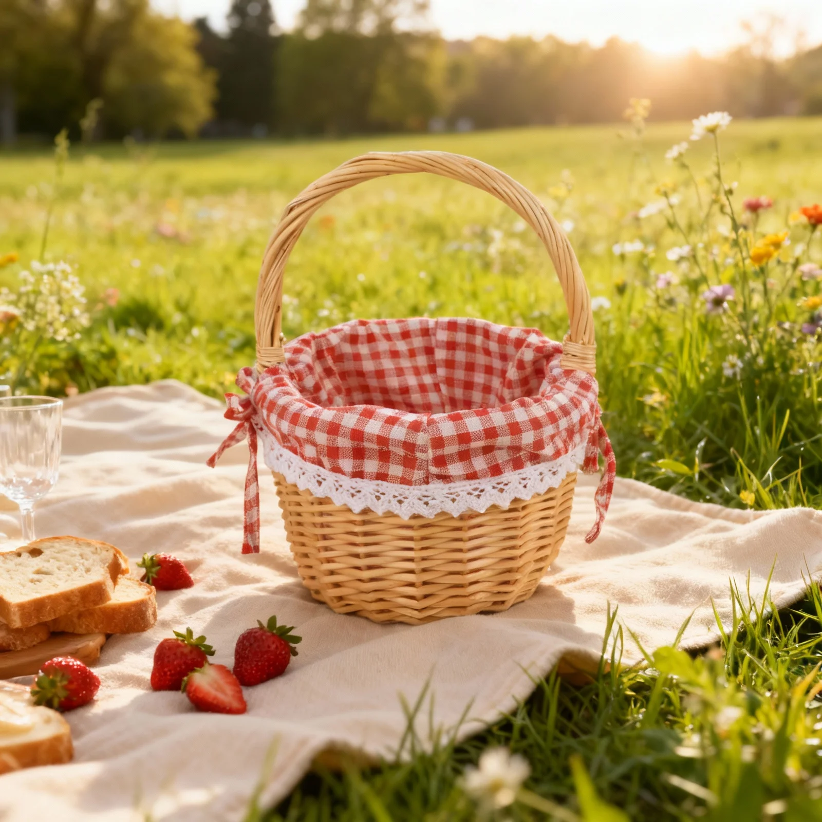 

Fruit Basket Wicker Hand Woven Storage Red Plaid Fabric Linen Interior Vegetables Bread Snacks Chips Serving Display