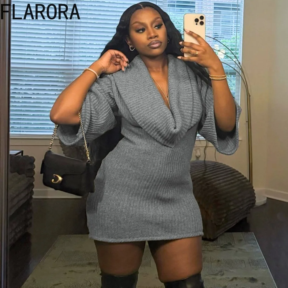 

FLARORA Sexy Solid Color Knit Mini Dress Woman Swing Collar Long Sleeve Bodycon Dresses Female Deep V Party Clubwear Vestidos