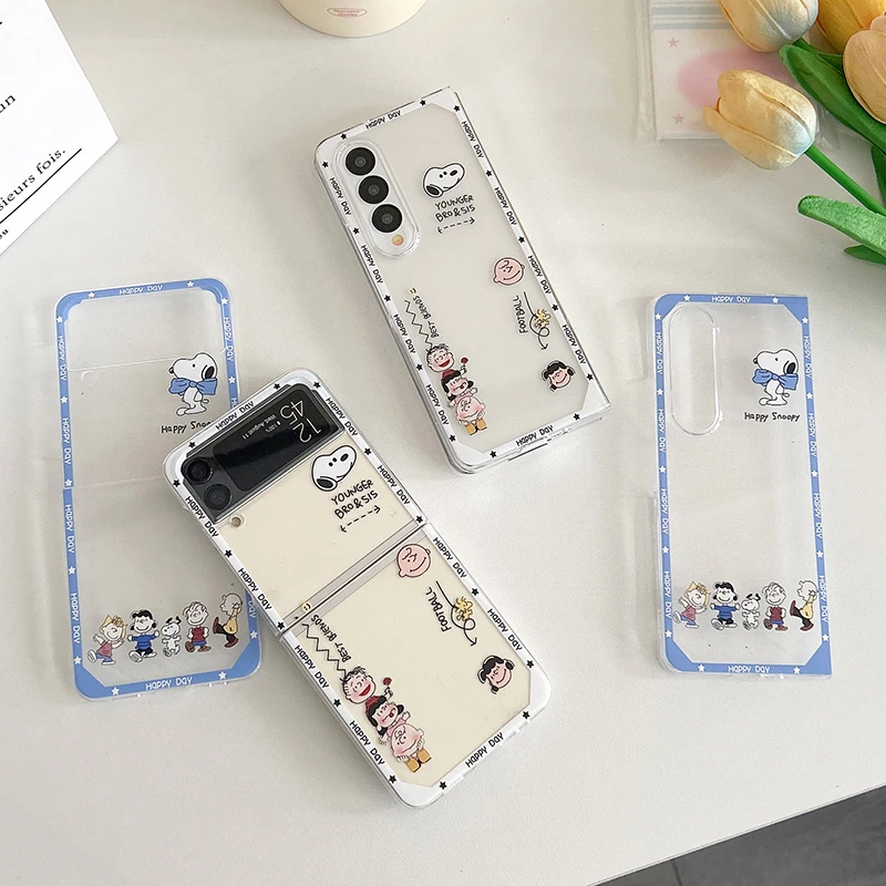 Cute Snoopy Charlie Brown Peanuts For Samsung Galaxy Z Flip4 Flip3 Fold4 Fold3 Transparent Hard PC Folding Shockproof Back Cover