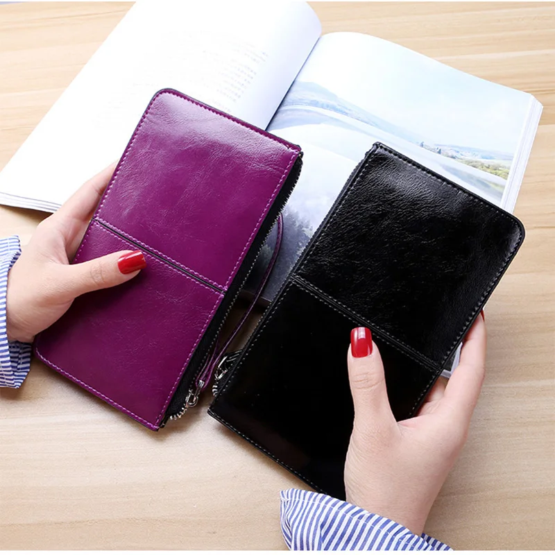 Women's Vintage Oil Wax Leather Zipper Handbag Bank Large Capacity Zero Wallet  Wrist Strap Simple Name Bag Card Holders Wallets