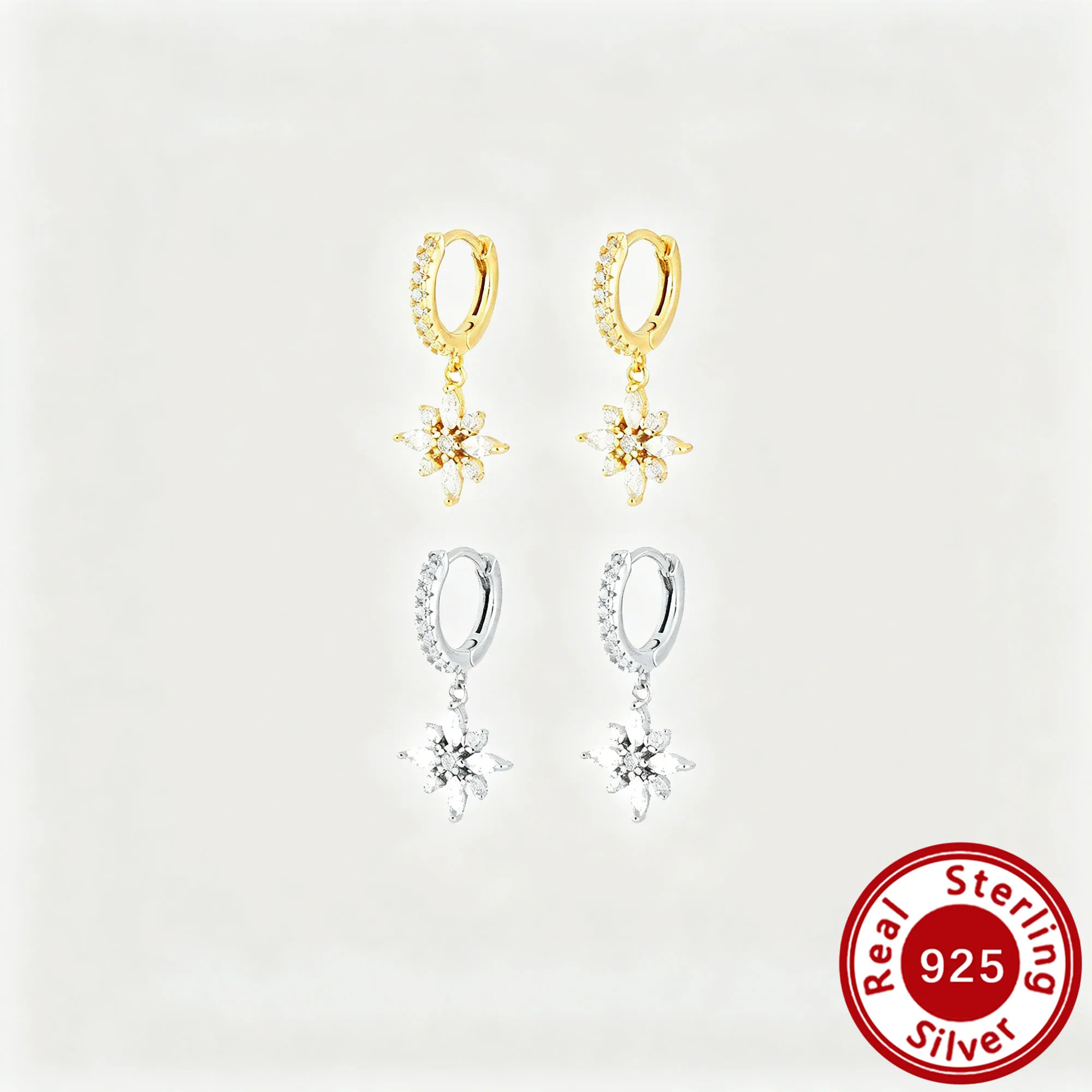 1Pair Snowflake Cz Dangle Hoop Earrings Solid 925 Sterling Silver French Style Sparkling Trendy Luxury Fine Pretty Gifts 9200019