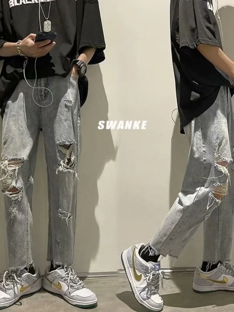 

Men's Summer Thin Denim Jeans Tear Hole Loose Straight Korean Fashion Trendy Jeans mid Waist Zipper Casual Wear