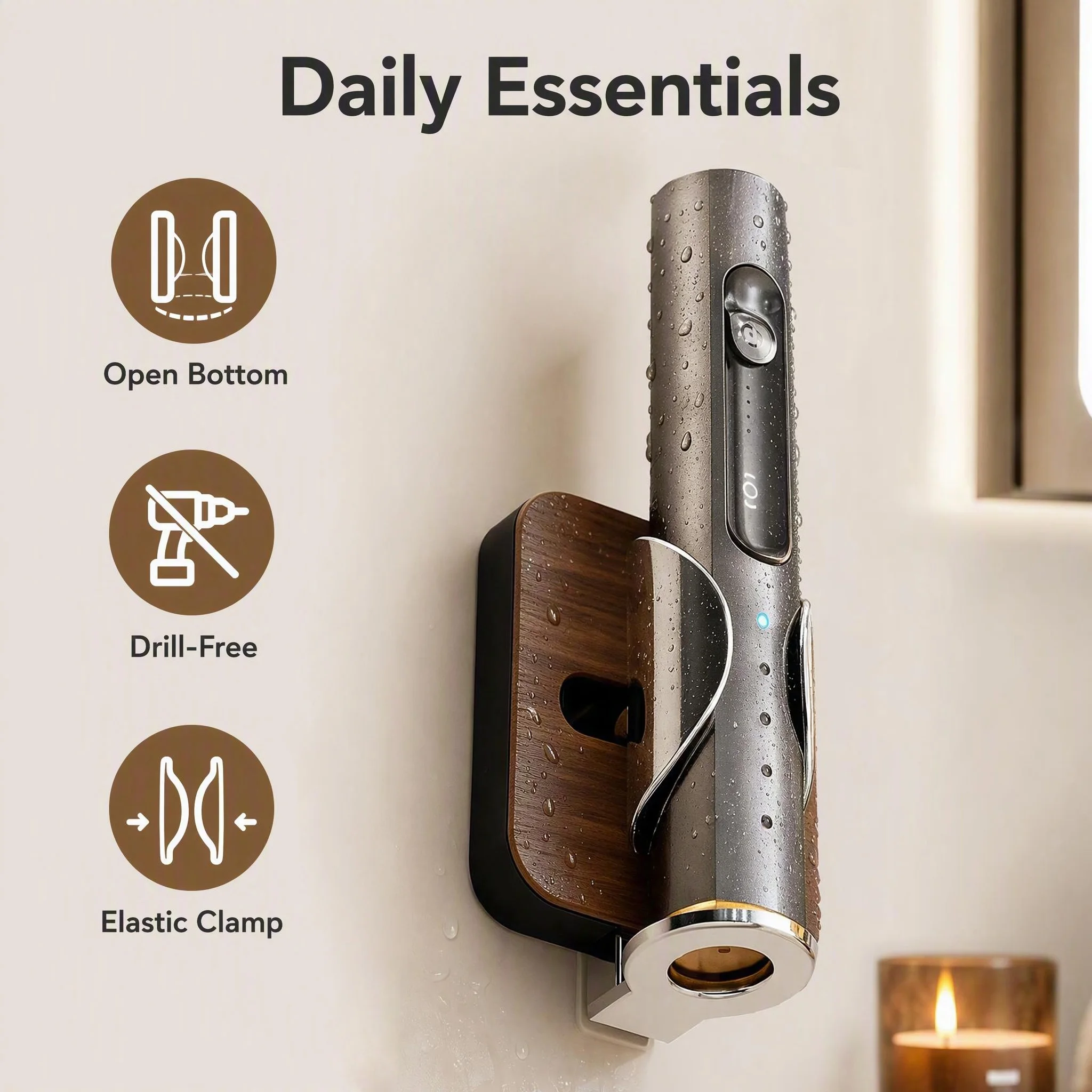Walnut Brown Electric Toothbrush Holder Wall Mounted No Drill Toothpaste Storage Bathroom Organizer