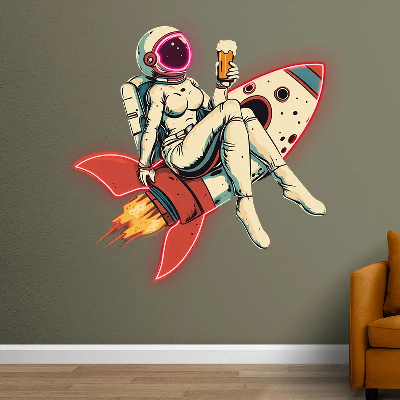 Rocket Girl Neon Sign Light - Female Astronaut on Rocket with Beer Neon Light, Cool Sci-Fi Themed Wall Decor for Bar & Man Cave