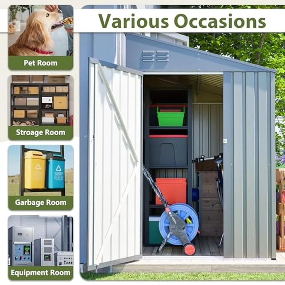 4x7 Ft Lean to Metal Bike Storage Olive Gray Lockable Door Ventilated Outdoor Garden Tool Organizer for Backyard (Gray